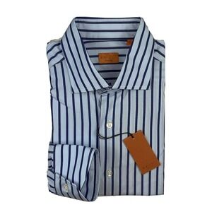 BRULI Mens L/S Light Blue Dark Blue Striped Cotton Button Front Size 42x16.5 NWT